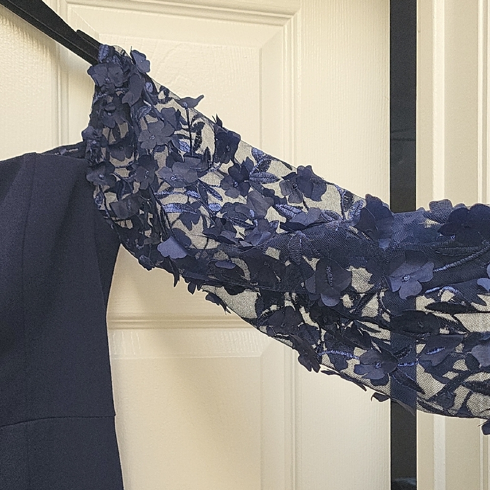 Eliza J Elegant Off Shoulders Long Gown Navy with Floral Sleeves - Picture 2 of 8